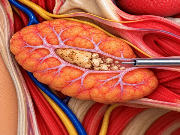 Medical illustration showing how a large salivary gland stone is fragmented into smaller, removable pieces using intraductal pneumatic lithotripsy.